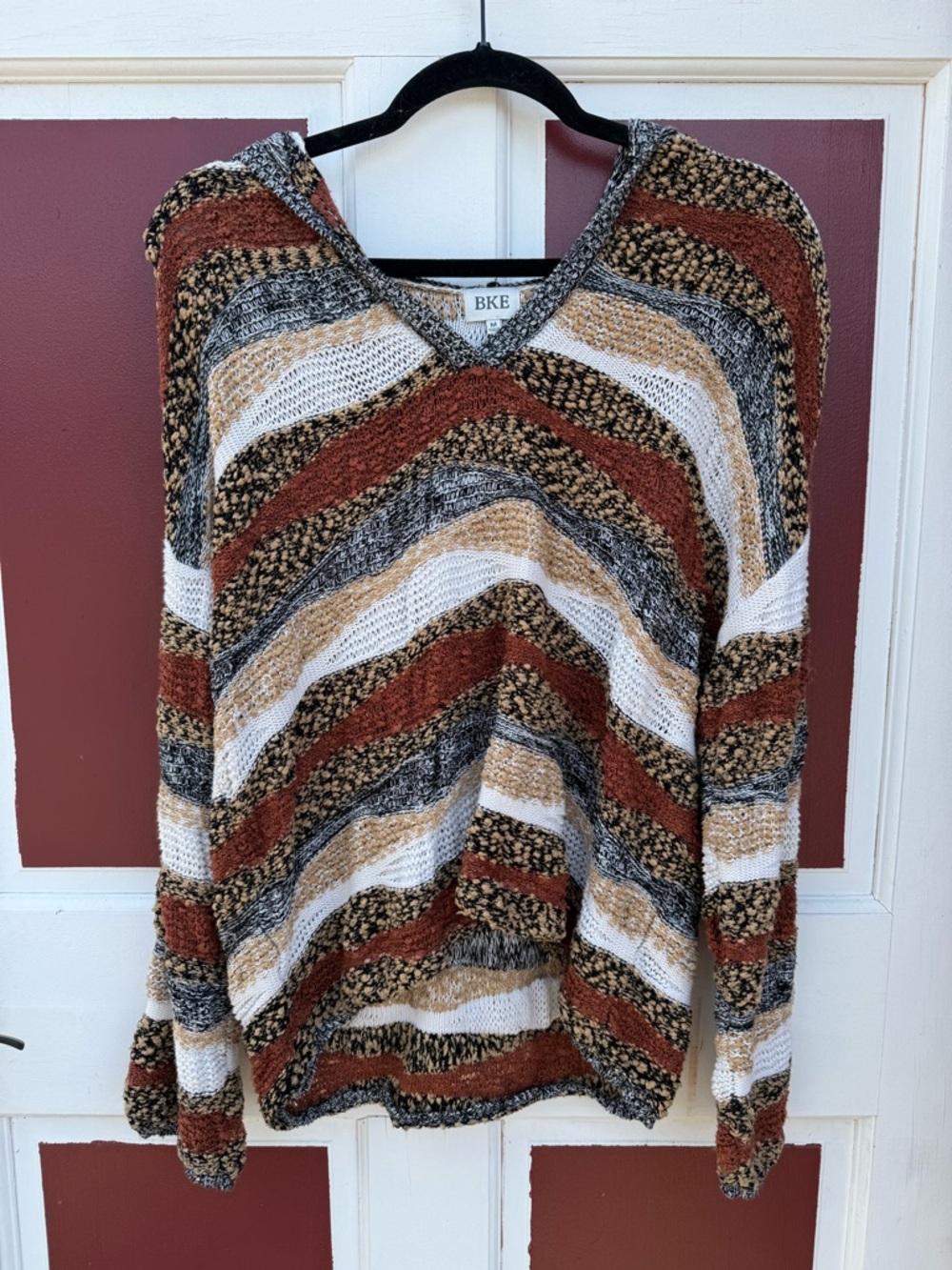 BKE Women's Striped V-Neck Hooded Sweater - Rust, Cream, Black